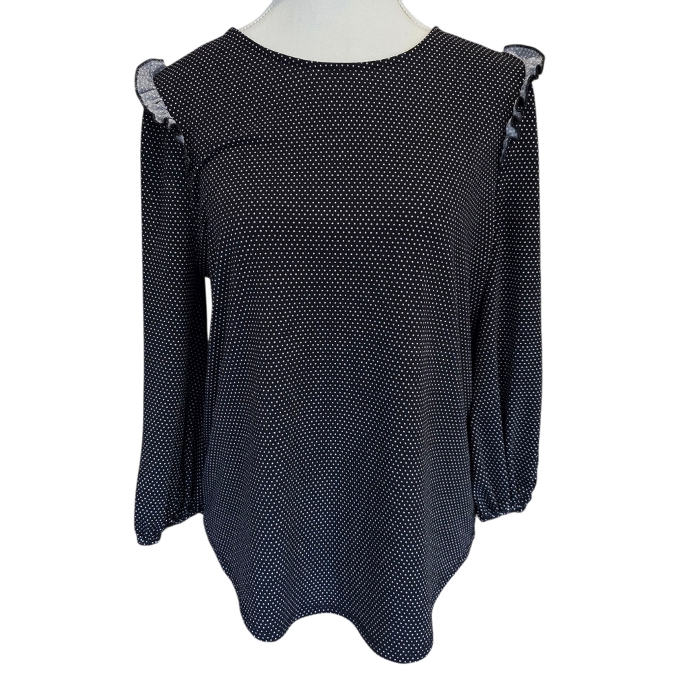 Adrianna Papell Black Blouse Subtle Polka Dot Pattern And Ruffle Size Medium